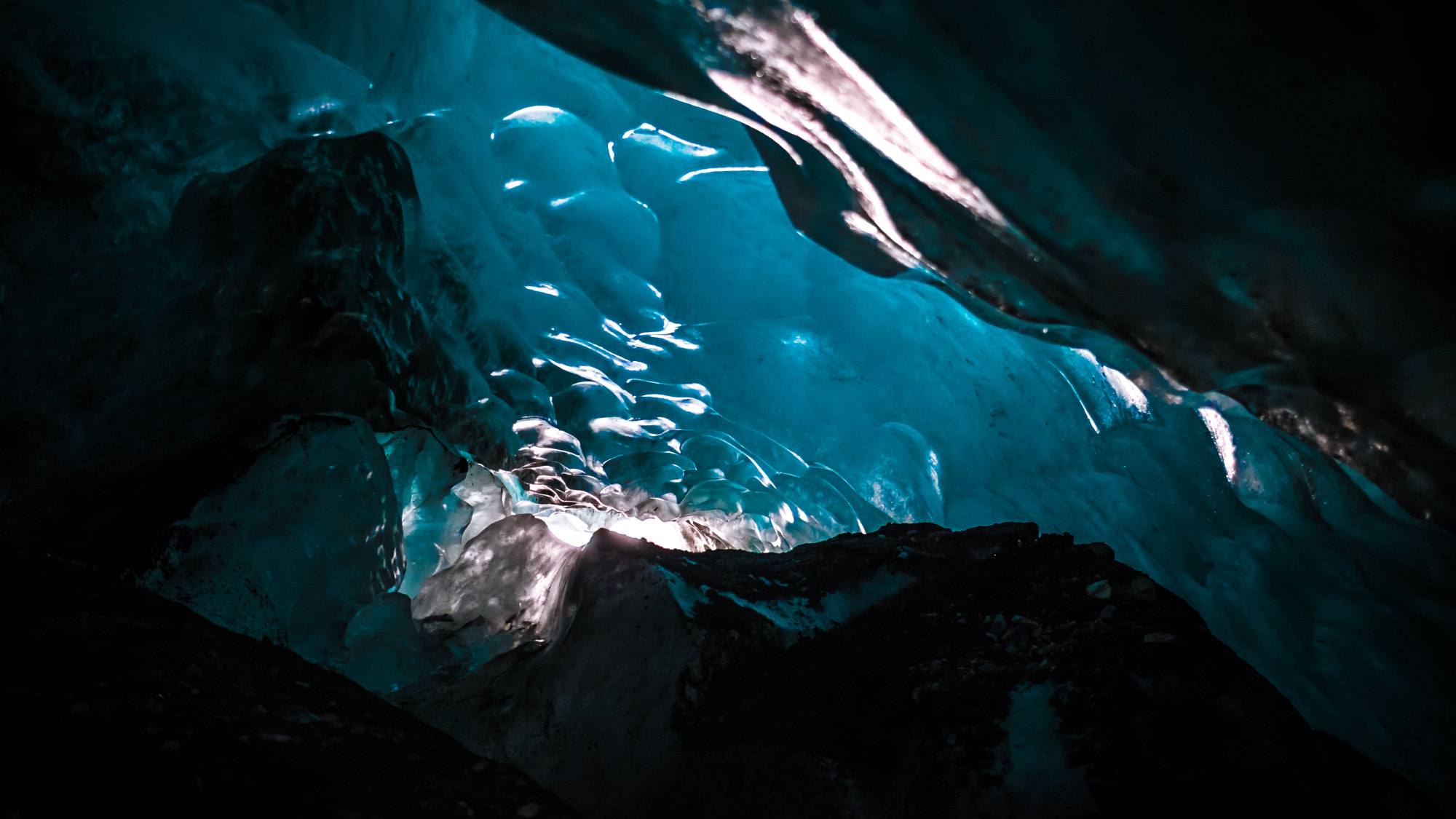 Archive photograph of blue natural ice near Falljökull and Virkisjökull in 2017