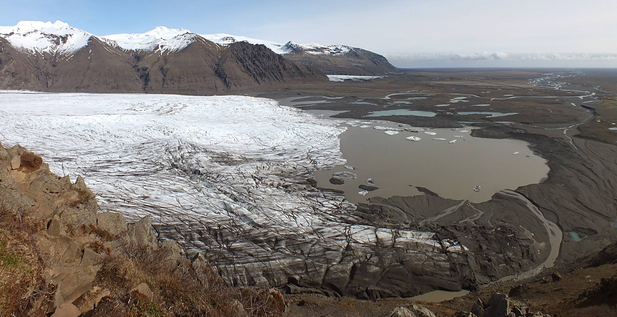 Skaftafellsjökull and its glacial lake seen from a high viewpoint